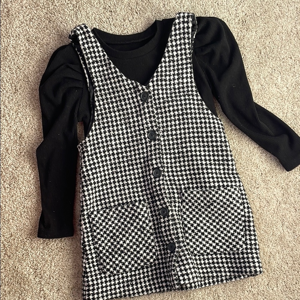 Houndstooth Pinafore Dress with Puff Princess Sleeves